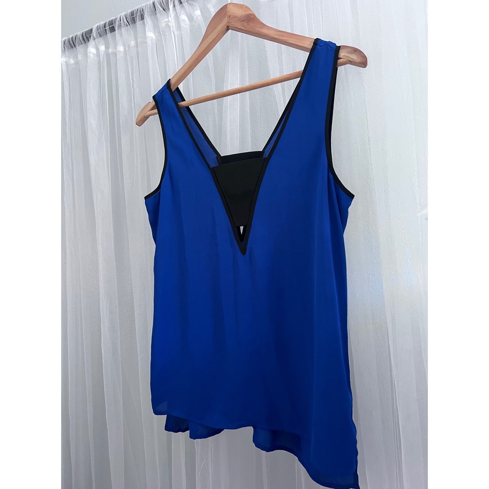 Express Royal Blue V-Neck Chiffon Sleeveless Blouse Black Trim Small